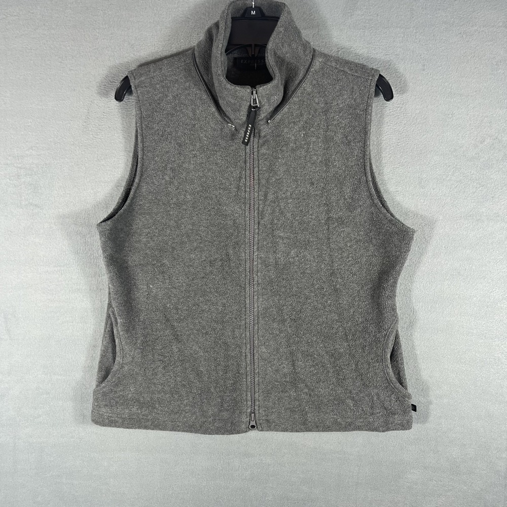 VTG Express Women's Gray Fleece Full Zip Vest Size L Collared Pockets Layering